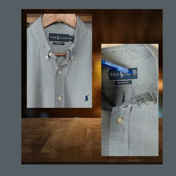 Ralph Lauren Custom Fit L/S Button-Down Oxford Shirt Green Tattersal 16 34/35 - Picture 9 of 9